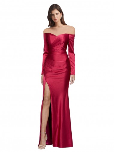 Affordable Long Sleeves Off the Shoulder Stretch Satin Prom Dress with High Side Split Canada