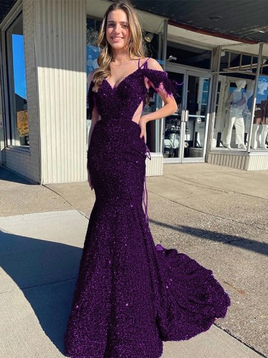 Affordable Cold Shoulder Sleeveless Long Court Train Velvet Sequin Prom Dress Canada