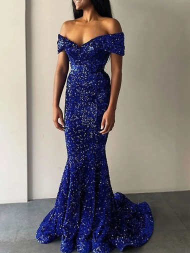 Affordable Mermaid Off the Shoulder Sleeveless Long Sweep Train Velvet Sequin Prom Dress Canada