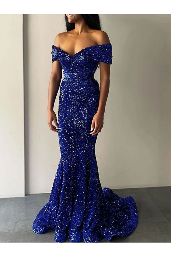 Affordable Mermaid Off the Shoulder Sleeveless Long Sweep Train Velvet Sequin Prom Dress Canada