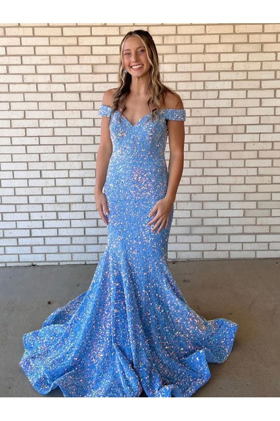 Affordable Mermaid Off the Shoulder Sleeveless Long Floor Length Velvet Sequin Prom Dress Canada