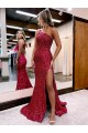 Affordable Mermaid One Shoulder Sleeveless Long Sweep Train Velvet Sequin Prom Dress with High Slit Canada