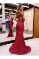 Affordable Mermaid One Shoulder Sleeveless Long Sweep Train Velvet Sequin Prom Dress with High Slit Canada