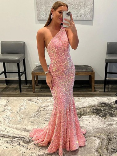 Affordable Open Back One Shoulder Sleeveless Long Sweep Train Velvet Sequin Prom Dress Canada