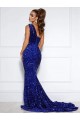 Affordable Mermaid One Shoulder Sleeveless Long Court Train Velvet Sequin Prom Dress with Slit Canada