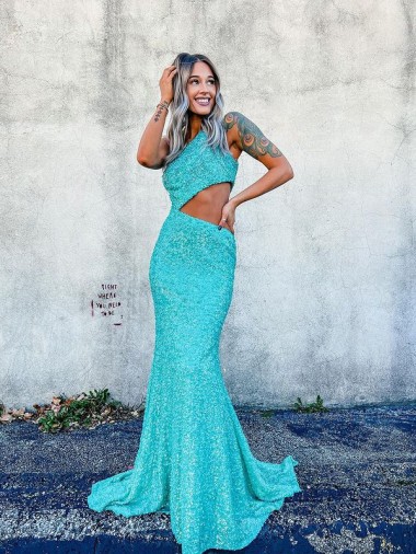 Affordable Mermaid One Shoulder Sleeveless Long Sweep Train Velvet Sequin Prom Dress Canada