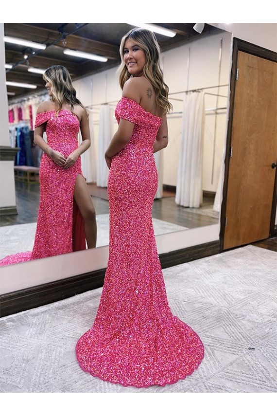 Affordable One Shoulder Sleeveless Long Sweep Train Velvet Sequin Prom Dress with Side Slit Canada