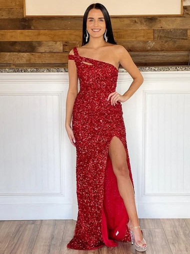 Affordable One Shoulder Sleeveless Long Sweep Train Velvet Sequin Prom Dress Canada