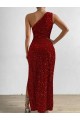 Affordable One Shoulder Sleeveless Long Floor Length Velvet Sequin Prom Dress with Slit Canada