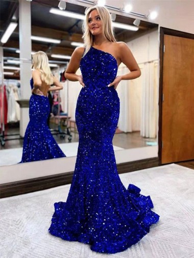 Affordable Mermaid One Shoulder Open Back Long Sweep Train Velvet Sequin Prom Dress Canada