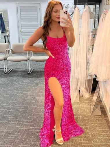 Affordable Spaghetti Straps Sleeveless Long Velvet Sequin Prom Dress with Slit and Criss Cross Open Back Canada