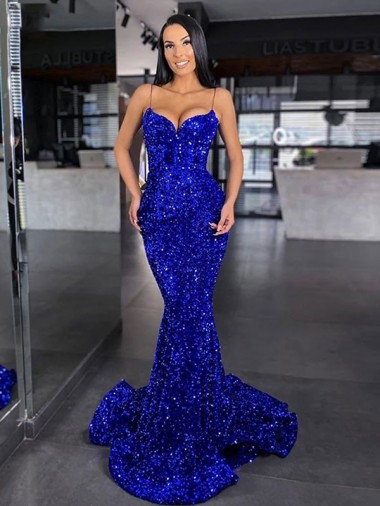 Affordable Mermaid Spaghetti Straps Sleeveless Long Sweep Train Velvet Sequin Prom Dress Canada