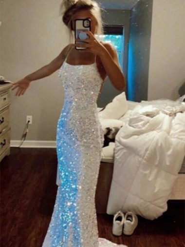 Affordable Long Spaghetti Straps Sleeveless Sweep Train Velvet Sequin Prom Dress Canada