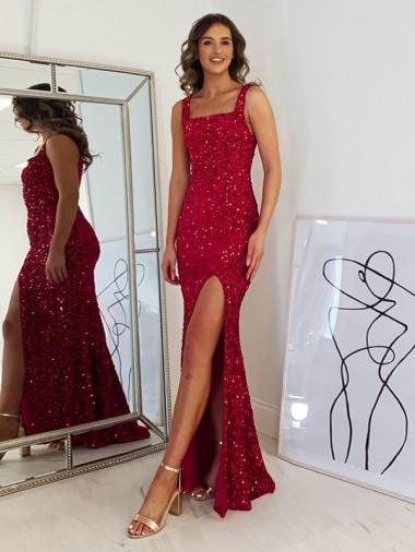 Affordable Square Neck Sleeveless Long Velvet Sequin Prom Dress with Slit Canada