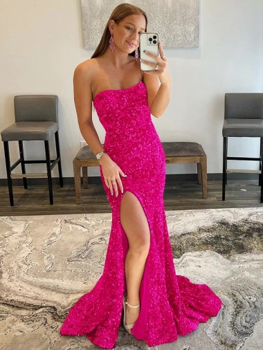 Affordable Strapless Sleeveless Long Sweep Train Velvet Sequin Prom Dress with Side Slit Canada