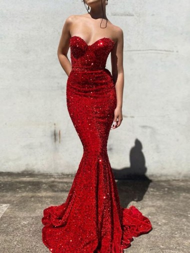 Affordable Mermaid Sweetheart Sleeveless Long Court Train Velvet Sequin Prom Dress Canada