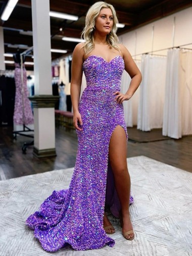 Affordable A-Line Sweetheart Sleeveless Long Velvet Sequin Prom Dress with Slit Canada