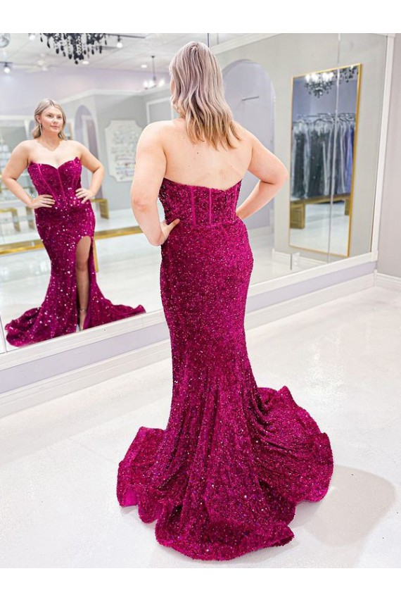 Affordable Long Sweetheart Sleeveless Sweep Train Velvet Sequin Prom Dress with Slit Canada