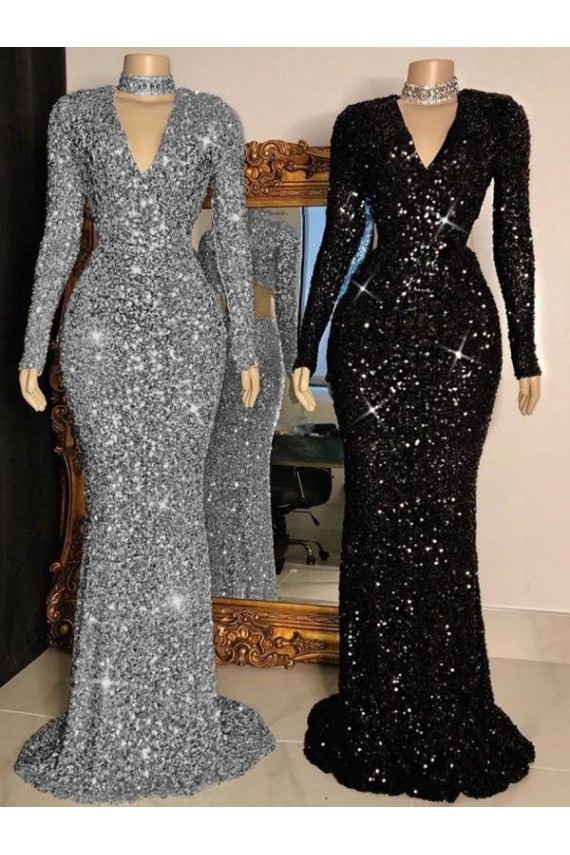 Affordable V-Neck Long Sleeves Long Sweep Train Velvet Sequin Prom Dress Canada