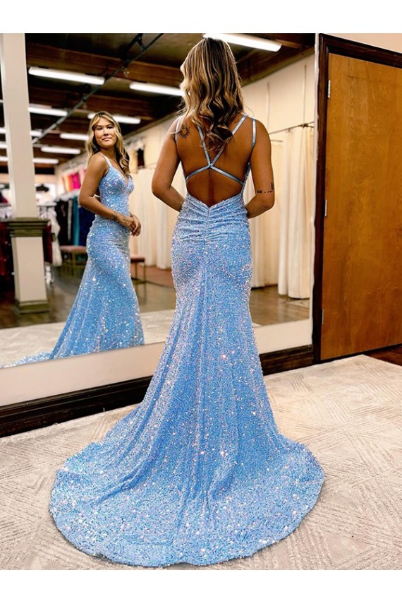 Affordable Criss Cross Open Back V-Neck Sleeveless Long Velvet Sequin Prom Dress Canada