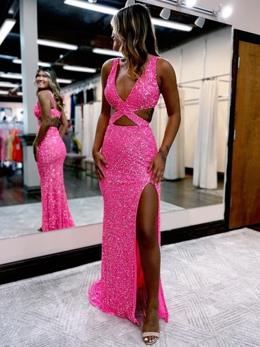 Affordable Long V-Neck Sleeveless Sweep Train Velvet Sequin Prom Dress with High Slit Canada