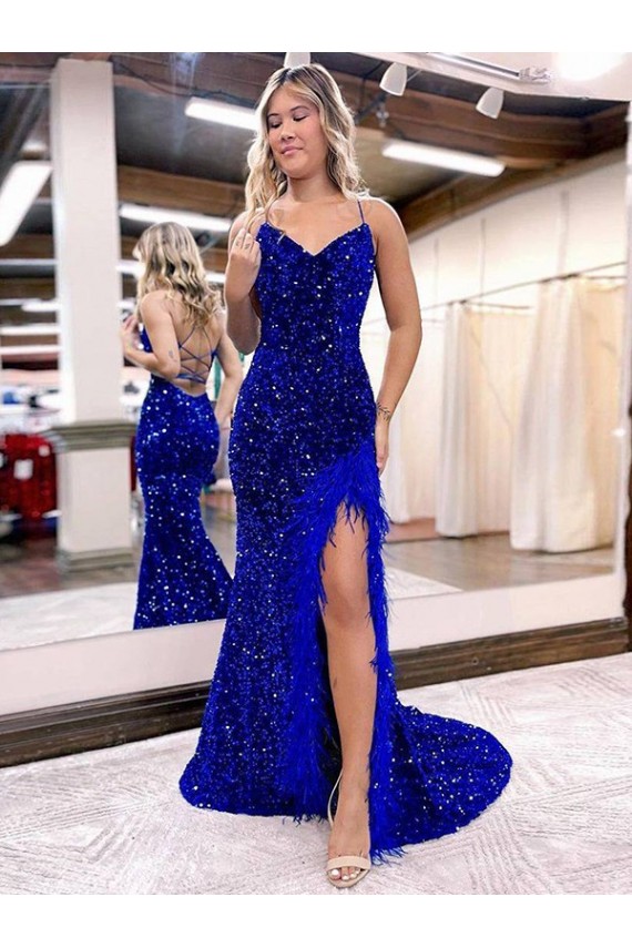 Affordable V-Neck Sleeveless Long Velvet Sequin Royal Blue Prom Dress with Side Slit Canada