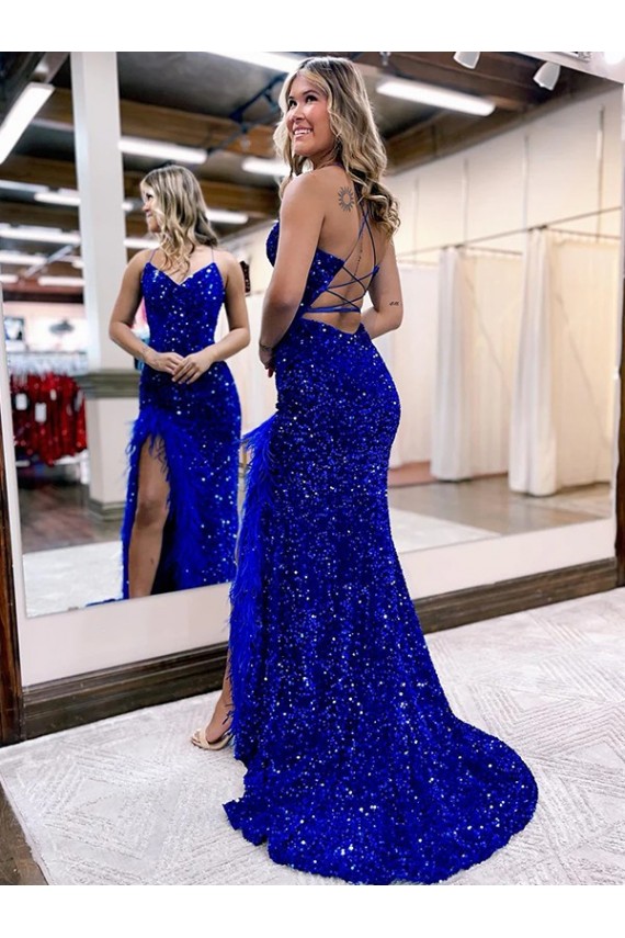 Affordable V-Neck Sleeveless Long Velvet Sequin Royal Blue Prom Dress with Side Slit Canada