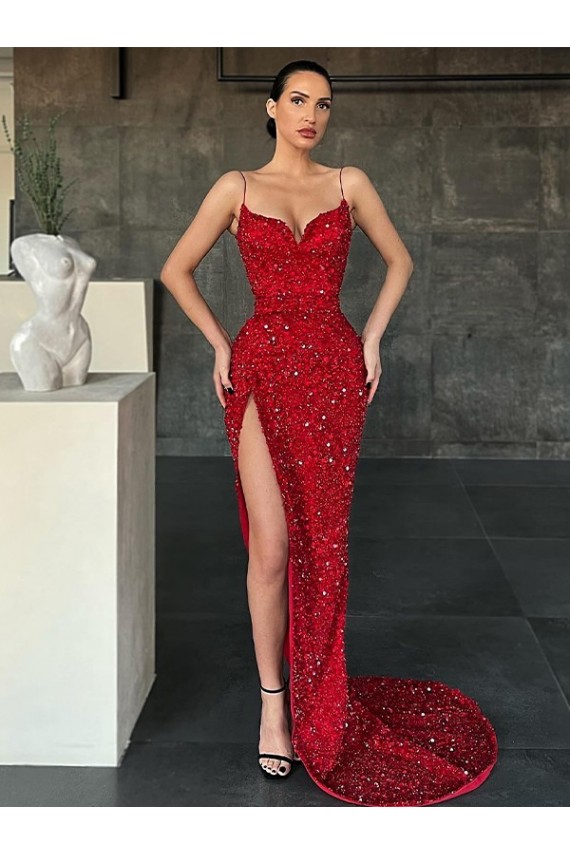 Affordable V-Neck Sleeveless Long Sweep Train Velvet Sequin Prom Dress with High Side Slit Canada