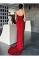 Affordable V-Neck Sleeveless Long Sweep Train Velvet Sequin Prom Dress with High Side Slit Canada