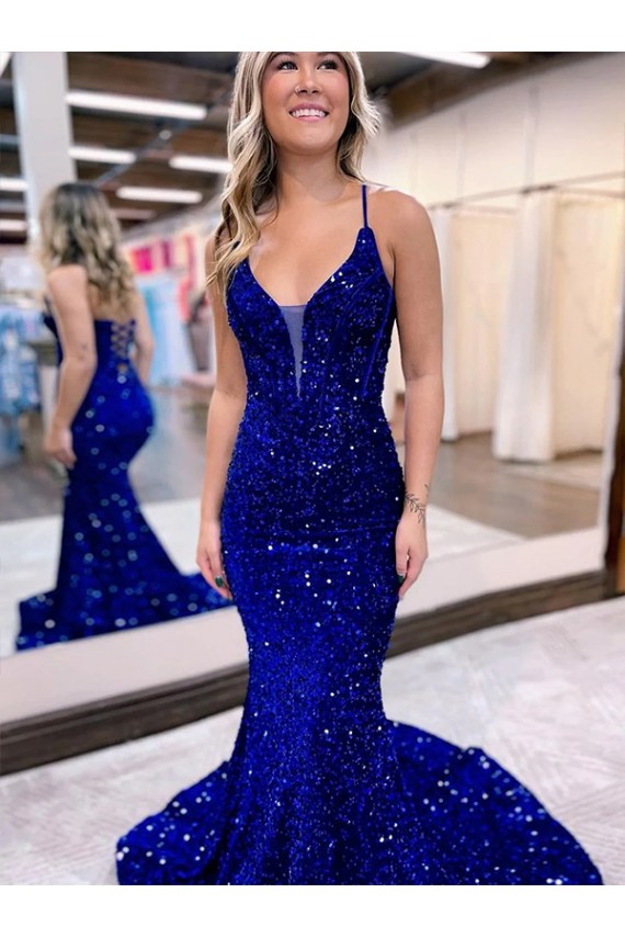 Affordable Mermaid V-Neck Sleeveless Long Court Train Velvet Sequin Prom Dress Canada