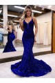 Affordable Mermaid V-Neck Sleeveless Long Court Train Velvet Sequin Prom Dress Canada