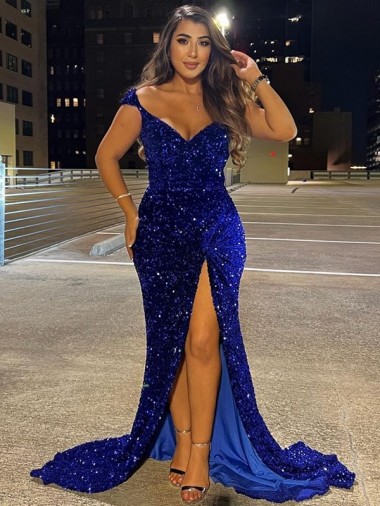 Affordable V-Neck Sleeveless Long Sweep Train Velvet Sequin Prom Dress with Slit Canada