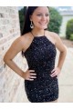 Affordable Halter Sleeveless Short Velvet Sequin Prom Dress Canada