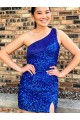 Affordable One Shoulder Sleeveless Short Velvet Sequin Royal Blue Prom Dress Canada