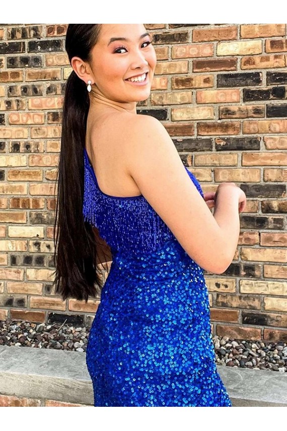 Affordable One Shoulder Sleeveless Short Velvet Sequin Royal Blue Prom Dress Canada