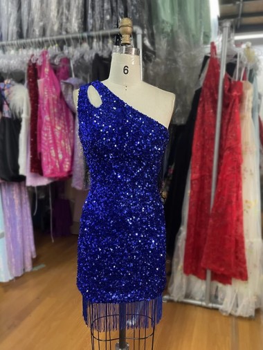 Affordable One Shoulder Keyhole Sleeveless Short Velvet Sequin Prom Dress Canada