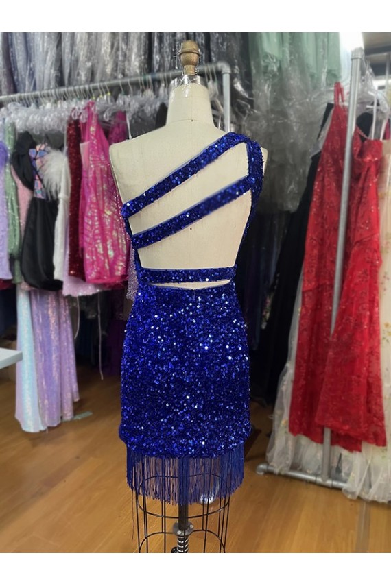 Affordable One Shoulder Keyhole Sleeveless Short Velvet Sequin Prom Dress Canada