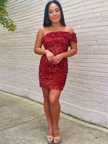 Affordable Short One Shoulder Sleeveless Velvet Sequin Cocktail Prom Dress Canada