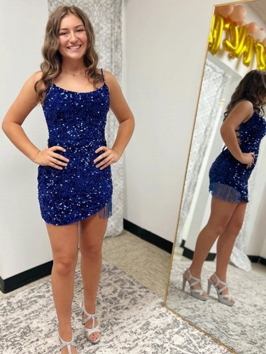 Affordable Spaghetti Straps Backless Sleeveless Short Velvet Sequin Prom Dress Canada