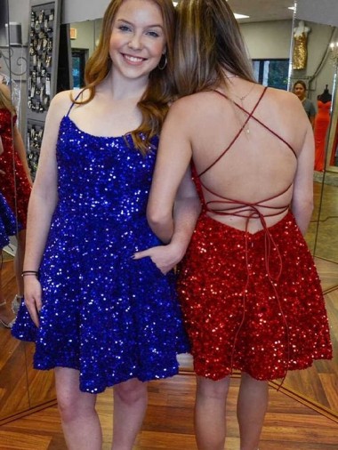 Affordable A-Line Spaghetti Straps Sleeveless Short Velvet Sequin Prom Dress Canada