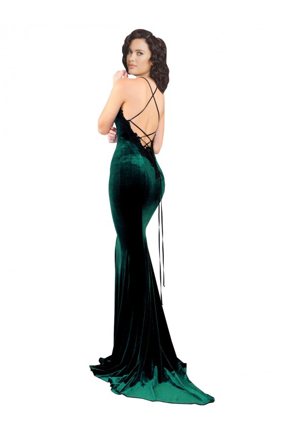 Affordable High Neck Stretch Velvet Prom Dress with Black Lace Embroidery Canada