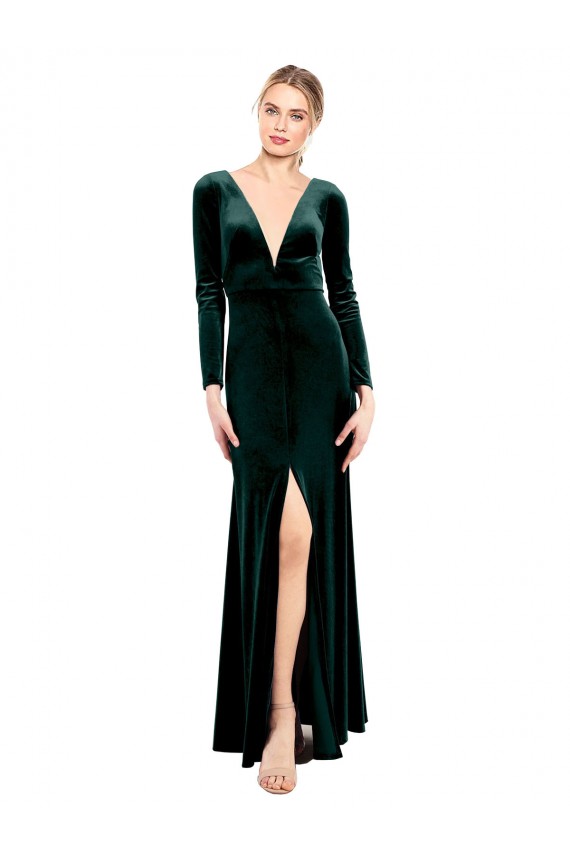 Affordable Plunging V-Neckline Long Sleeves Open Back Velvet Prom Dress Canada