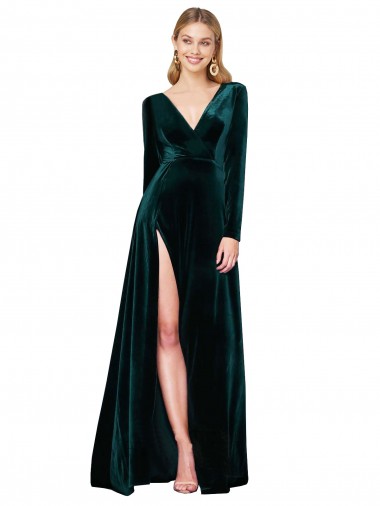 Affordable Deep V-Neck Long Sleeves Velvet Prom Dress with High Side Split Canada