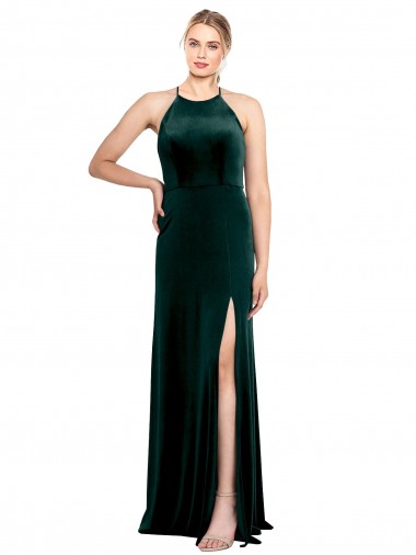 Affordable Long Jewel Neck Full Length Velvet Prom Dress with Side Slit Canada