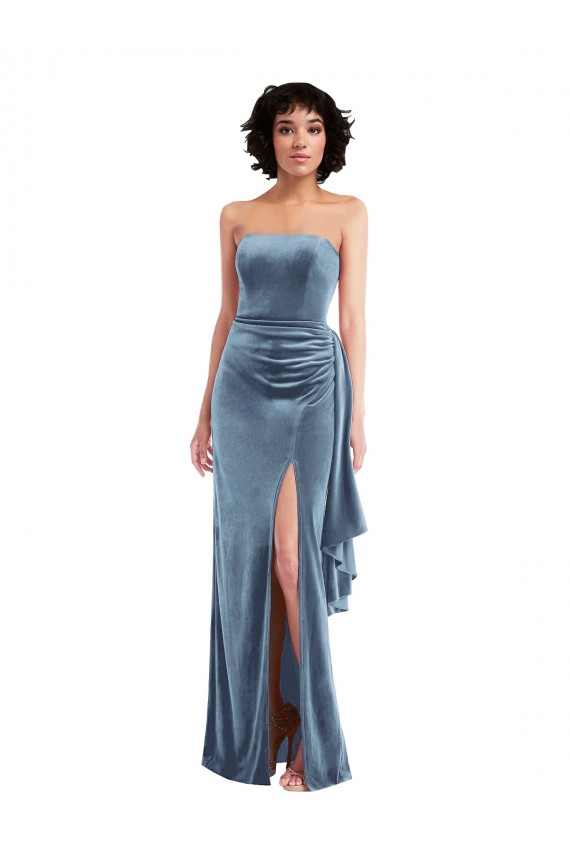 Affordable Strapless Velvet Maxi Prom Dress with Draped Skirt Canada