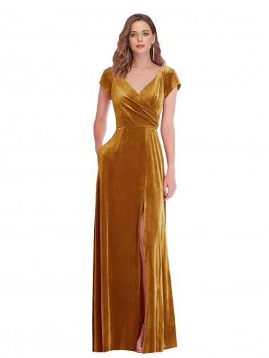 Affordable Cap Sleeve Faux Wrap Velvet Maxi Prom Dress with Pockets Canada