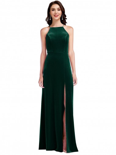 Affordable Velvet Halter Maxi Prom Dress with Front Slit & Pockets Canada