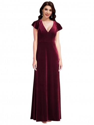 Affordable Flutter Sleeve Velvet Maxi Prom Dress with Pockets Canada