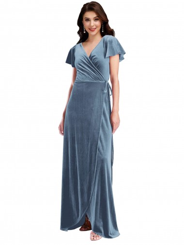 Affordable Flutter Sleeve Velvet Wrap Maxi Prom Dress with Pockets Canada