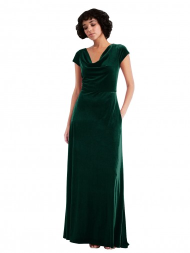 Affordable Cowl Neck Cap Sleeve Velvet Maxi Prom Dress with Pockets Canada